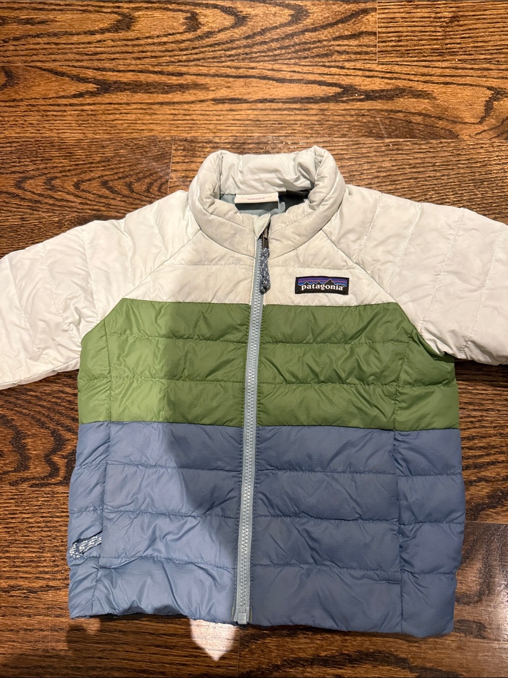 Patagonia Toddler Down Sweater Coat - Light Gray, Green & Blue 12-18 mos